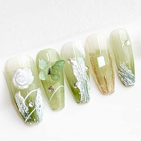 Sun&Beam Nails Handmade Press On Nail Long Coffin Ballerina Black Cross Acrylic Fake Tip 3D Design Art Charms Cute with Storage Box 10 Pcs (XS, #09 3D Flower | Green) Cover