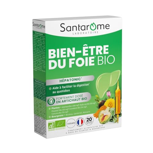 Santarome - Bien-être du foie - Complément alimentaire hépatonic et digestion - Plantes & Bourgeons Bio - 20 ampoules - Vegan - Made In France
