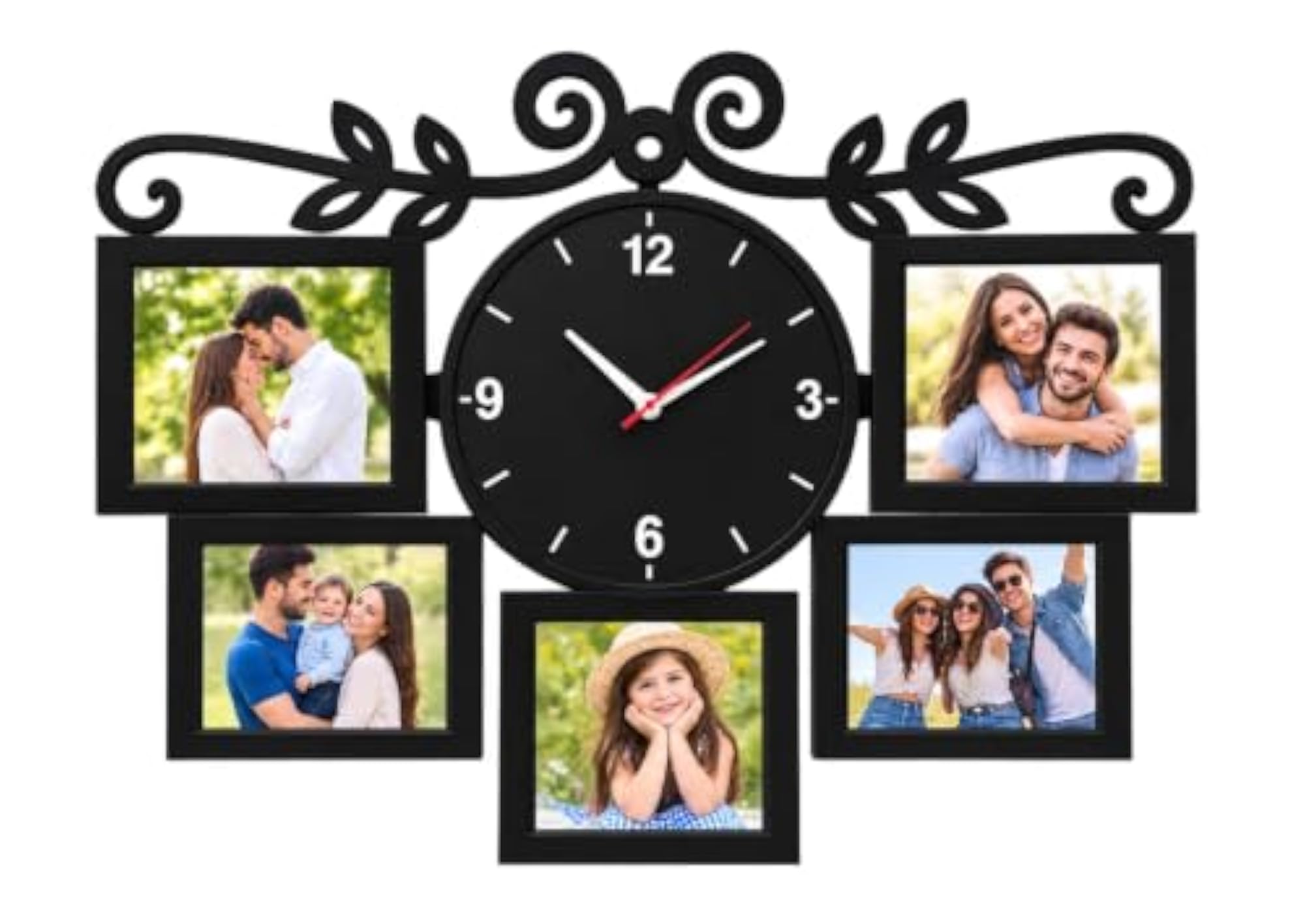 Wall Clock with 5 Photo Frames Collage, Black