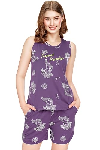 Image of ZEYO Night Suit for Women's Floral & Cheetah Printed Cotton Night Dress of Top and Short's Set 5737