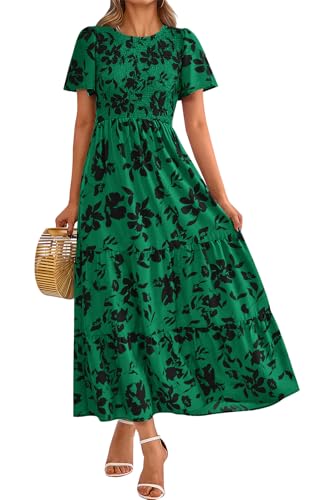 Image of PRETTYGARDEN Women's 2026 Summer Casual Flutter Short Sleeve Boho Floral Maxi Dress Crew Neck Smocked Tiered Long Dresses