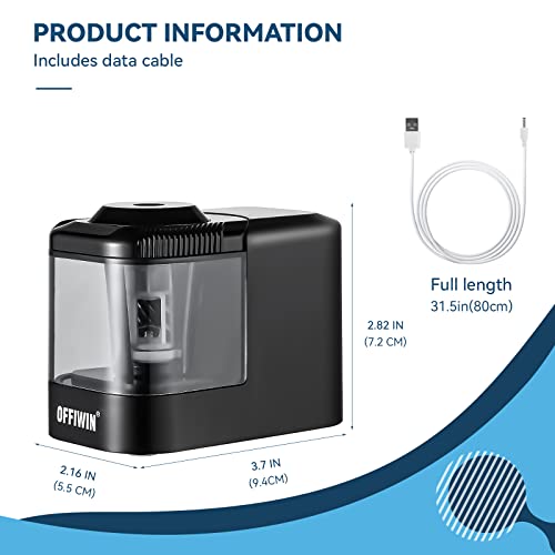 Offiwin Electric Pencil Sharpener For 6-8Mm No.2/Colored/Watercolor/Charcoal Pencils,Adapter/Usb/Battery Operated In School/Classroom/Office/Home(Black) #TOP2