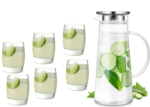 Image of Wringo Premium 7pc Crystal Water Jug with Glass Set and Jug Set Combo,Freezer Safe and Dishwasher Safe (6 Pieces Glasses 200ML and 1 Water Juice Jug 1 Liter), Transparent, Glass and Jug Set (WS-14)