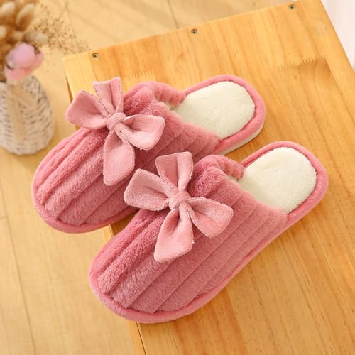 Women Textured Warm Winter Slipper with Bow Embellished Fleece Lining Casual Lightweight Slide Comfy Shoe2