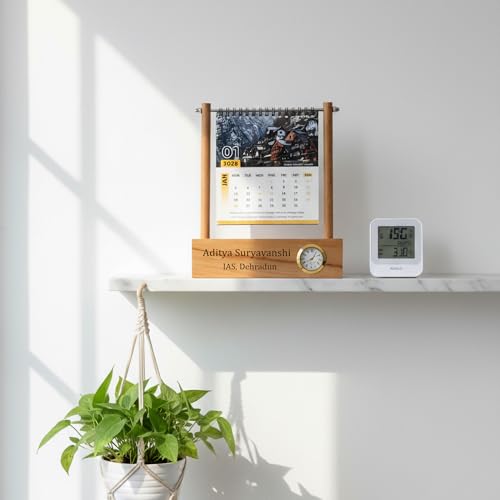 Image of Deskart Personalized Desktop Calendar | Wooden Customized Lifetime Infinity Calendar with Clock and Personal Name Marking | Foldable for Home Decor, Office Desk and Study Table (Octo Personalized)