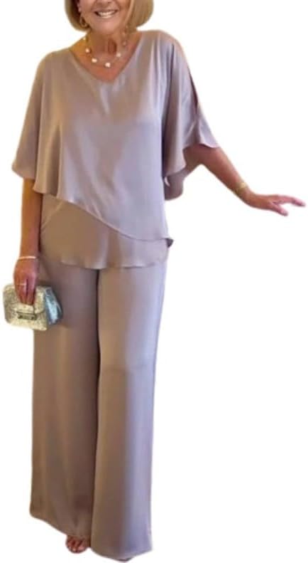 Womens Dressy Pants Suit Set Casual Loose Fit Flowy Summer Short Sleeve Two Piece Set Outfits Wedding