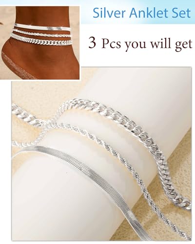 Image of ZHESHY Gold Silver Ankle Bracelets for Women 14K Gold Plated Anklets for Women Waterproof Cuban Link Heart Chain Anklets Set Non Tarnish Dainty Layered Anklet Bracelets for Women Summer Beach Jewelry