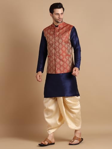 Image of Men's Silk Blend Solid Kurta Dhoti Set with Designer Ethnic Nehru Jacket