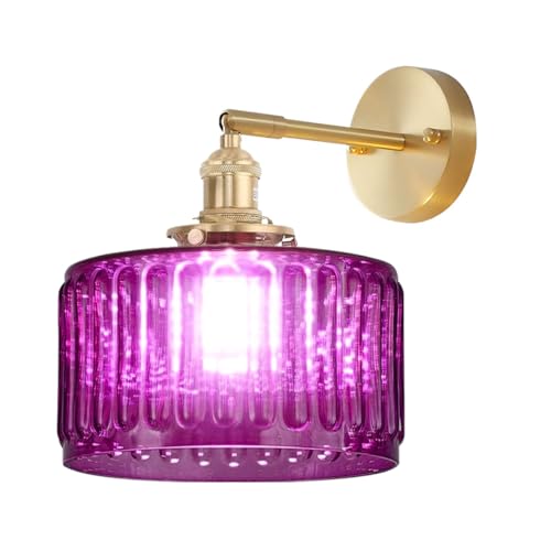 Image of Globe Glass Wall Sconce Purple Antique Vanity Light Striped Shade | Modern Vintage Decor Wall Light 6.7 inch Glass Shade Hardwired 1 Light E26 Base,Gold Brass Finish,Mirror,Living Bedroom,Hallway