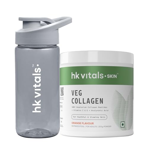 hk vitals Veg Collagen Supplement Powder (Orange, 200g) & Sipper | Pack of 2 | Collagen Peptides with Vitamin C, E | For Healthy Skin, Hair & Nails