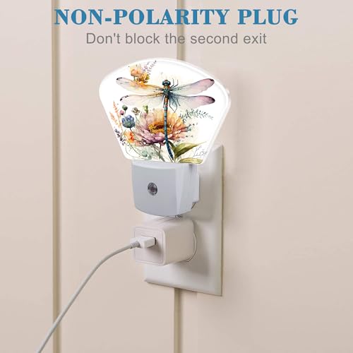 Image of Watercolor Dragonfly Night Light Plug into Wall, Flowers Night Light with Dusk to Dawn Sensor for Kid Girls Boys Women Men Bedroom, Hallway, Kitchen, Bathroom, Stairs Decor