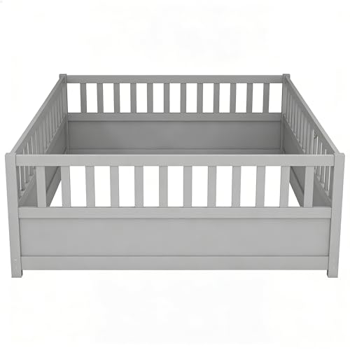 Image of Bellemave Full Size Kids Montessori Floor Bed,Solid Wood Floor Bed Frame with High Fence and Lockable Door for Kids,Girls,Boys,Full,Gray