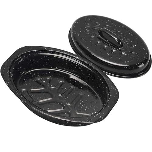 13 Inch Roasting Pan with Lid - Covered Oval Roaster - Enamel Carbon Steel Roaster Pot - Excellent Heat Distribution and Non-sticky - for Turkey Chicken Meat & Vegetables -Birthday and Holiday gifts