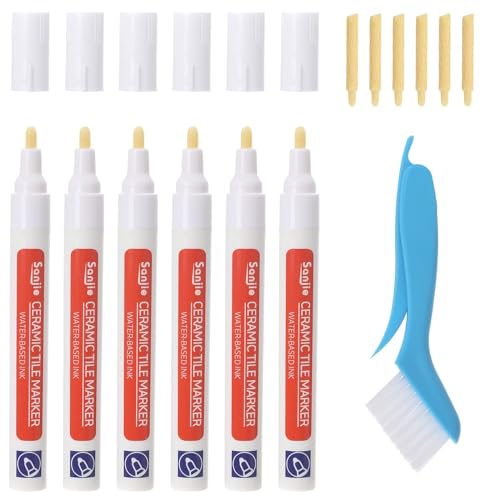6 Grout Restorer Pen, Bathroom Tiles Grout Pen with Replacement Tip and 1 Cleaner Brush, Waterproof Anti-Mould Tile Marker, Grout Pen White for Tiles Floor Wall Bathroom Kitchen