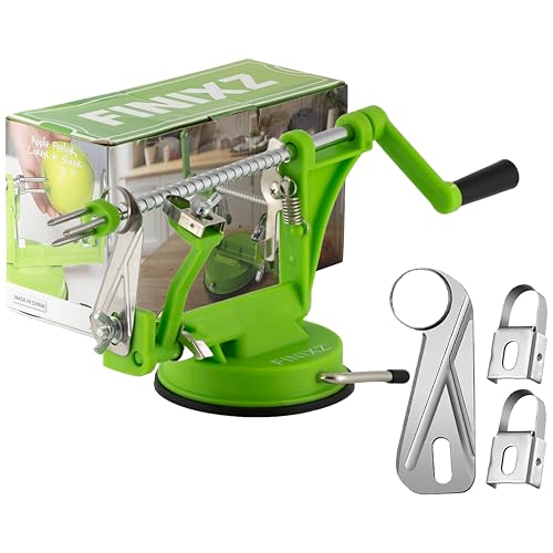 FINIXZ 3 nel 1 Sbucciatore e affettatrice per mele – Base a ventosa potente – Macchina per sbucciare resistente – Incluse 3 lame di ricambio aggiuntive – Strumento manuale per la cucina di casa