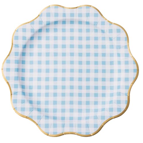 Image of Bonjour Fete Elegant Light Blue Gingham Paper Party Dinner Plates | Large Disposable Size for Baby Showers, Spring Parties & Birthday Celebrations | Premium Supplies & Decorations | Pack of 8, 11 inch