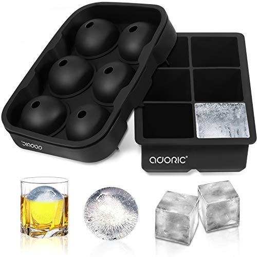 Adoric Ice Cube Trays Silicone Set of 2, Sphere Ice Ball Maker with Lid and Large Square Ice Cube Molds for Whiskey, Reusable and BPA Free (Ice Cube Trays Silicone Set of 2)