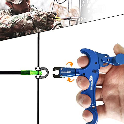 Xxiaojun Compound Bow Aid Releaser And D Loop Rope，Adjustable Can Rotate 360° Thumb Release Bow Aluminum Alloy Aids，Archery Release Aids (4 Fingers - Bow Release -Blue) #TOP1