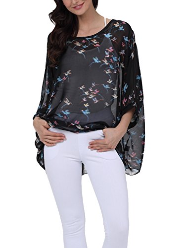 iNewbetter Blusa feminina de chiffon com estampa floral e manga morcego, túnica de verão, PB, Pb299,