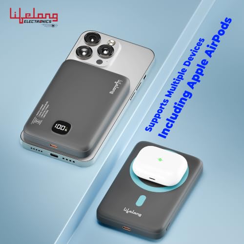 Image of Lifelong Electronics Magsafe Wireless 10000Mah Fast Charging USB Type-C Input Power Bank, Strong Magnet, 22.5W Output For iPhone 12 & Above, Android & Qi Enabled Devices, Extra Magnetic Ring & Compact