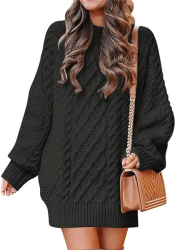 ELFIN Strickkleid Damen Oversized Puffärmel Pulloverkleid Winterkleid Langarm Strickpullover Grobstrick Langer Pullover Mini Kleider (L, Schwarz)