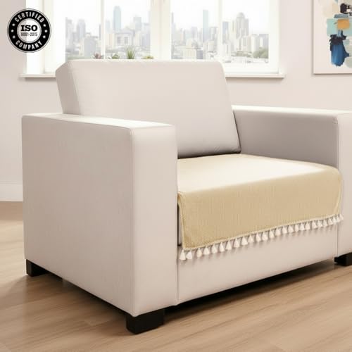 Image of HOMEMONDE 1 Seater Sofa Cover with Tassels |Soft, Durable & Textured Chenille Fabric with Tassels | Sofa Cover Mats for Living Room, Bedroom, or Drawing Room (76 X 61 CM, Beige)