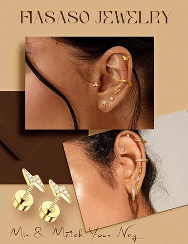 Flat Back Gold Earrings for Women Hypoallergenic- 14K Gold Flat Back Stud Hoop Earrings Surgical Steel Cartilage Earring Set Small Stainless Steel Flatback Earring Helix Tragus Piercing Jewelry for Sensitive Ears Screw Back2