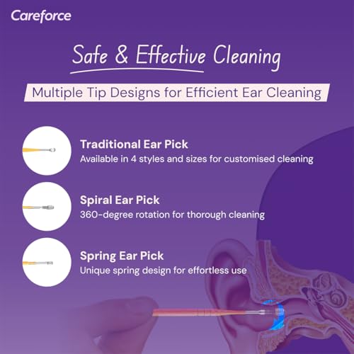 Image of Careforce - The Force Behind Your Health Ear Cleaning Kit Steel Ear Cleaner Reusable Ear Wax Remover Tool Kit Set With Storage Pack, Ear Curette Cleaner And Spring Ear Buds Cleaner 6 Pcs Set Yellow