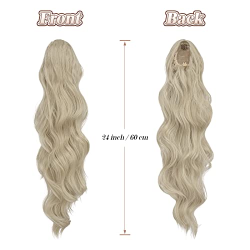 FESHFEN Long Ponytail Extension Curly Wavy Clip in Synthetic Hairpieces Drawstring Ponytail Ash blonde Pony Tail Hairpiece Hair Pony Extension for Women Girls 24 inch - Image 2