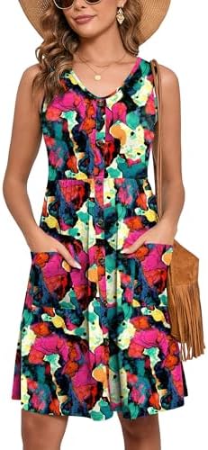 Heymoments Women's Summer Dresses Sleeveless Casual Fashion Loose Swing Button Down Midi Dress with Pockets