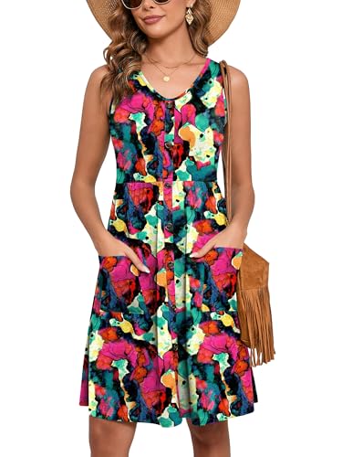 Image of Heymoments Women's Summer Dresses Sleeveless Casual Fashion Loose Swing Button Down Beach Dress with Pockets