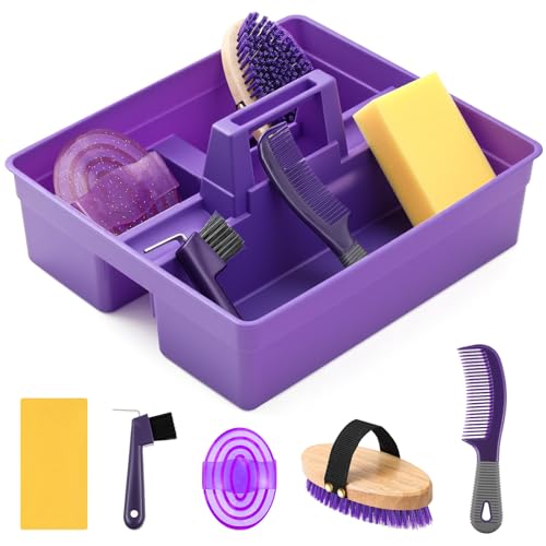 Bolsa de aseo para caballos Abbylike morada con asa y organizador de plástico de 6 piezas