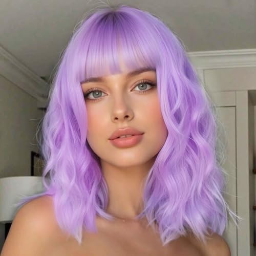 Image of AISI HAIR Light Purple Synthetic Wavy Curly Bob Wig with Bangs Short Wavy Hair for Women Synthetic Heat Resistant Bob Wigs