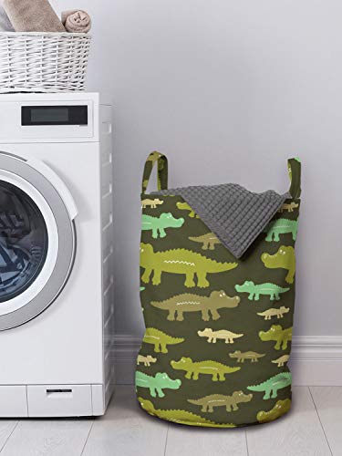 Lunarable Alligator Laundry Bag, Jungle Wilderness Theme With Crocodiles Savannah Animals Print, Hamper Basket With Handles Drawstring Closure For Laundromats, 13" X 19", Army And Olive Green #TOP1
