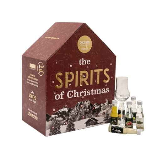 Schnaps- und Likör Adventskalender 2025 von Dolomiti - Geschenk-Idee für Genießer. Gin, Rum, Wodka und Wermut, Edelbrände, Schnäpse und Liköre. Schnaps Adventkalender in festlichem rot.