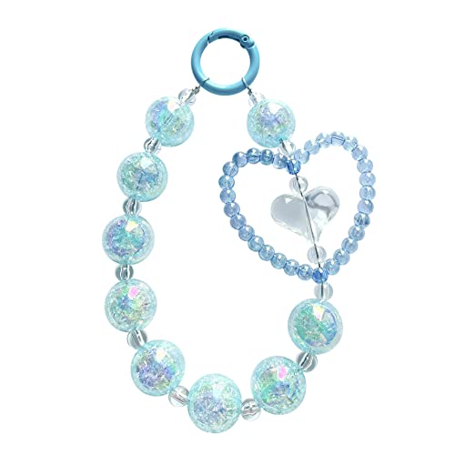 Katutude Crystal Beaded Phone Charm Bling Phone Wrist Strap Love Heart Beaded Phone Lanyard Wrist Strap Anti Lost Phone Chain Wristlet Gift for Girls Women, Blue