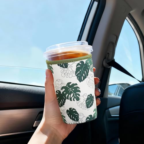 Image of Reusable Insulated Sleeve for Iced Coffee Cup, 3-Pack Coffee Neoprene Drink Sleeve for Cold & Hot Drinks, Beverage Holder for Iced Coffee (Gentle Monstera)