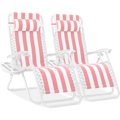 Best Choice Products Set of 2 Adjustable Steel Mesh Zero Gravity Lounge Chair Recliners w/Pillows and Cup Holder Trays - Flamingo Striped