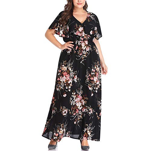Plus Size Fashion Women Floral Printed Short Sleeve V-Neck Casual Long Dress (3XL, Black)