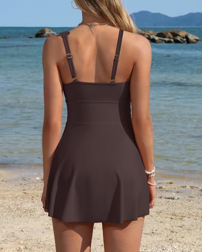 Image of Charmo One Shoulder One Piece Swimsuit Women Tummy Control Bathing Suit with Skirt Tie Knot Cute Scalloped Swimdress