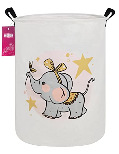 Image of INGHUA Laundry Hamper Large Canvas Fabric Lightweight Storage Basket/Toy Organizer/Dirty Clothes Collapsible Waterproof for College Dorms, Boys and Girls Bedroom,Bathroom(Bow elephant)
