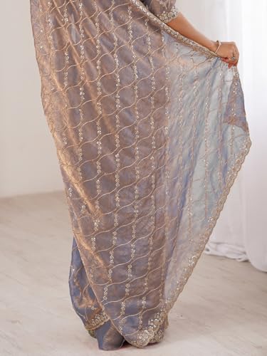 Image of AKHILAM Women's Shimmer Chiffon Heavy Sequence Embroidery Work Saree With Unstitched Blouse Piece (VT798A VM Parent)
