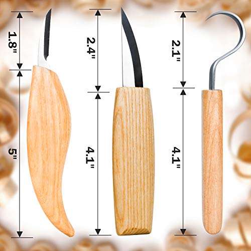 WAYCOM Wood Carving Tools Set,Whittling Wood Carving Kit for Spoon Carving 3 Knives in Tools Roll Leather Strop and Polishing Compound Sharpening Stone Hook Sloyd Detail Knife