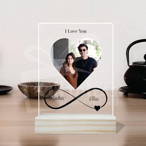 Image of Giftplease Customized Photo And Text Frame With Wooden Stand | Personalised Printed Photo Frame | Gift | Birthday | Anniversary (Transparent, 5MM, 6 * 8 Inches), Tabletop