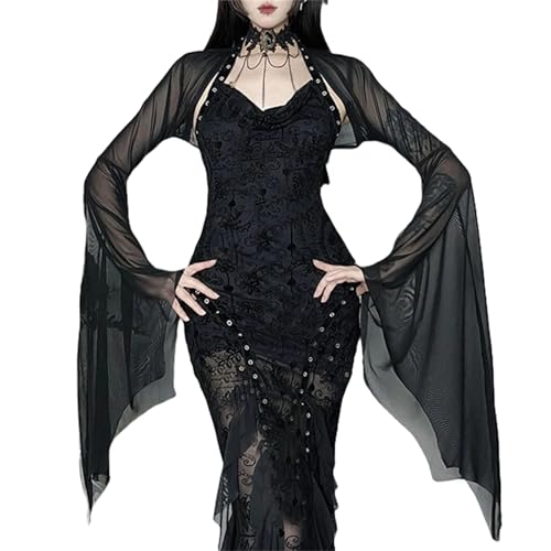 Twfsgirl Women Goth See Through Crop Shrug Top - Bat Flare Long Sleeves Sheer Mesh Bolero Rave Dressy Fall Black