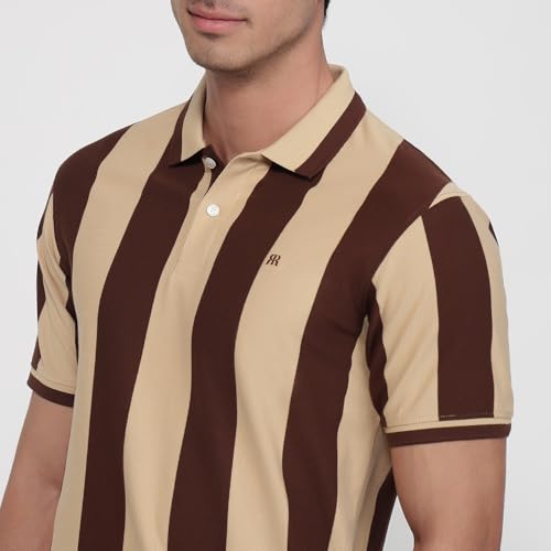 Image of Raymond Men Modern Fit Stripe Pattern Pure Cotton Polo Neck Half Sleeve Casual T-Shirt