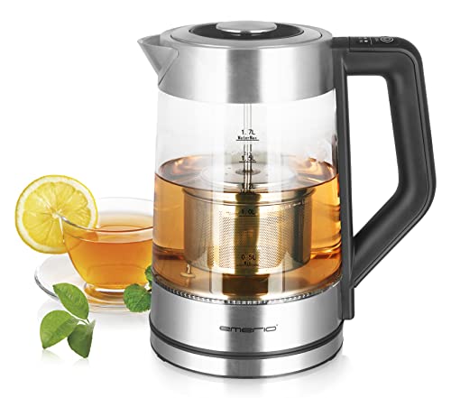 Emerio Glas Teekocher mit Temperaturwahl [50|70|80|90|100°C], WK-122730, Wasserkocher, manuelles Teesieb aus Edelstahl entnehmbar, Borosilikatglas, BPA frei, 1.7l Volumen, 2200 Watt, Silber