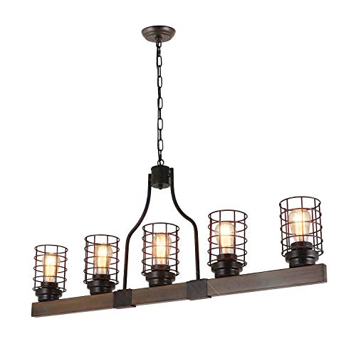 Eumyviv Farmhouse Cage Rustic Chandelier Kitchen Island 5 Lights, 42" L Large Linear Industrial Pool Table Pendant Lighting Vintage Edison Ceiling Light Fixture, Brown & Black(C0073) #TOP9