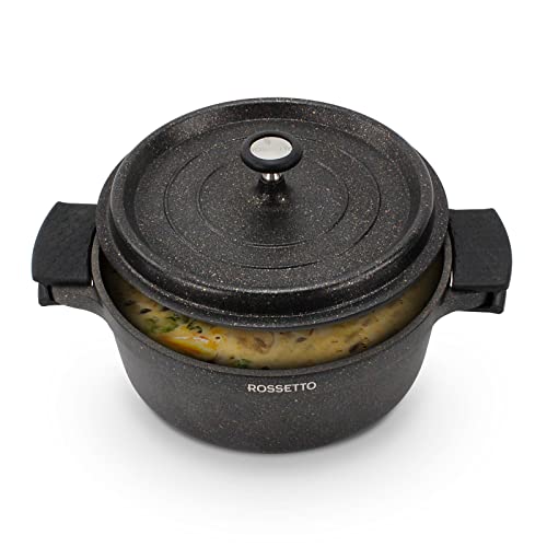 ACTIV CUISINE Cocotte en fonte ronde induction Marmite en fonte 4.5 Litres 24cm Fonte d'Aluminium, Revêtement Anti-adhésif Aspect Pierre, Avec Couvercle Coussinets en Silicone Amovibles, Noir