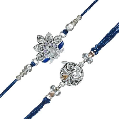 Image of eCraftIndia Beautiful Peacock Lord Krishna Playing Flute Designer Rakhi Set of 2 | Rakhi for Brother Bhaiya Bhai with Best Bro Ever Fridge Magnet | Roli Chawal Pack